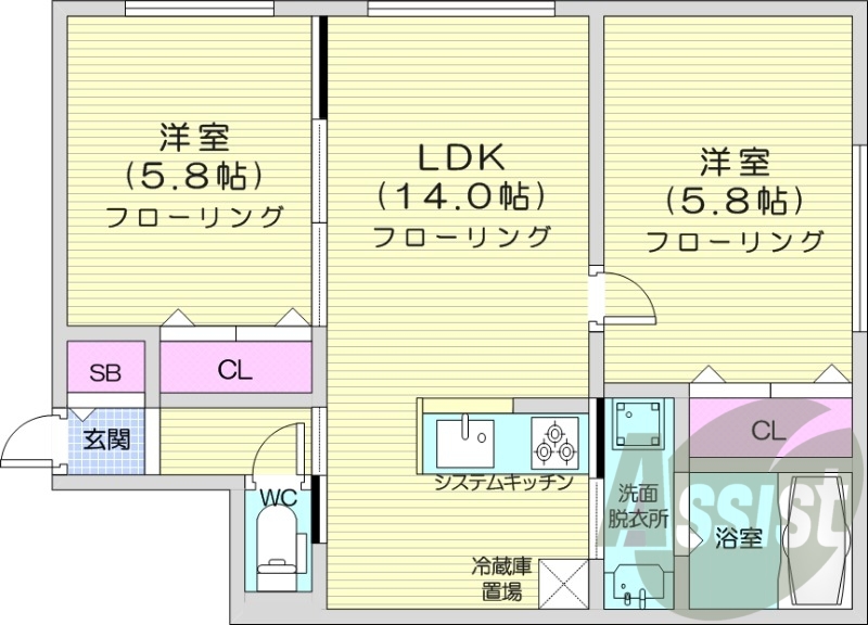 2LDK、エアコン、システムキッチン、独立洗面台、浴室乾燥機