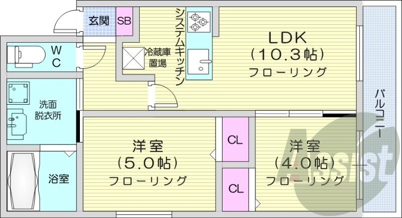2LDK、エアコン、システムキッチン、独立洗面台、浴室乾燥機