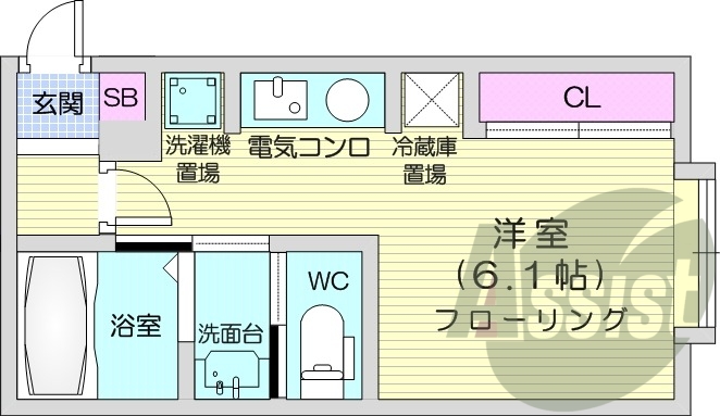 1K、エアコン、独立洗面台、浴室乾燥機、電気コンロ