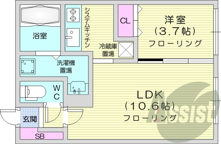 1LDK、エアコン、システムキッチン、ネット無料