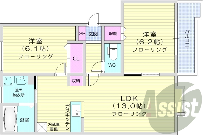2LDK、洗髪洗面化粧台、灯油暖房、シャワートイレ