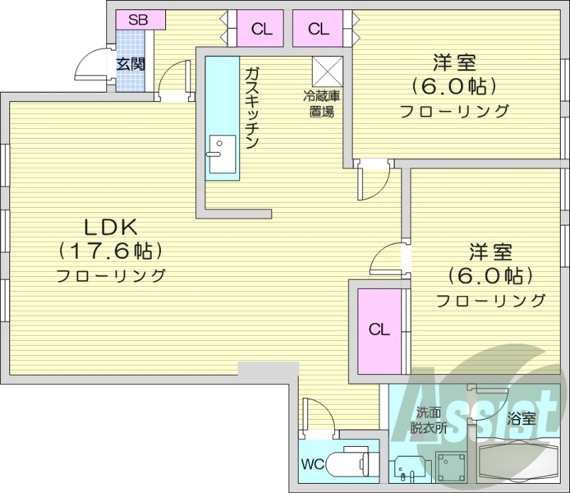2LDK、エアコン、独立洗面台、灯油暖房