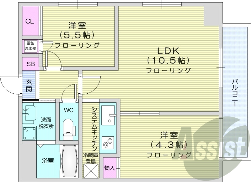 2LDK、エアコン、独立洗面台、IHクッキングヒーター