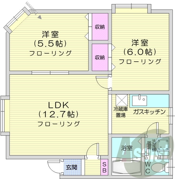 2LDK、バストイレ別、灯油暖房、インターホン