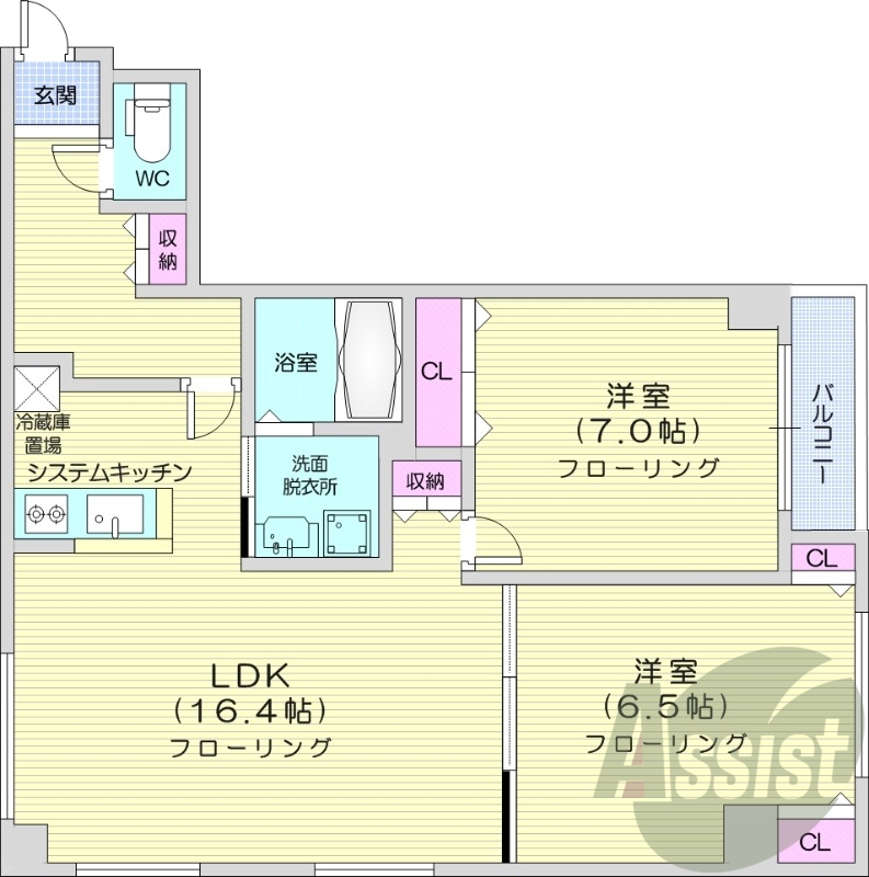 2LDK、ペット可、エアコン、システムキッチン、浴室乾燥機