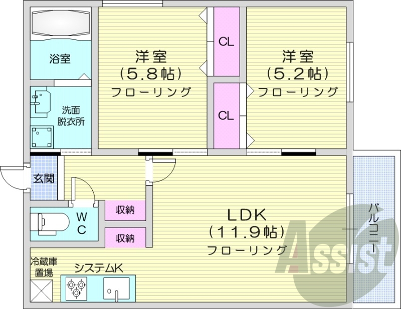 2LDK、エアコン、システムキッチン、独立洗面台