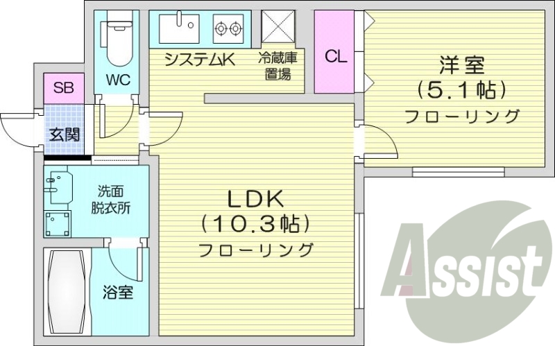 1LDK、エアコン、システムキッチン、独立洗面台