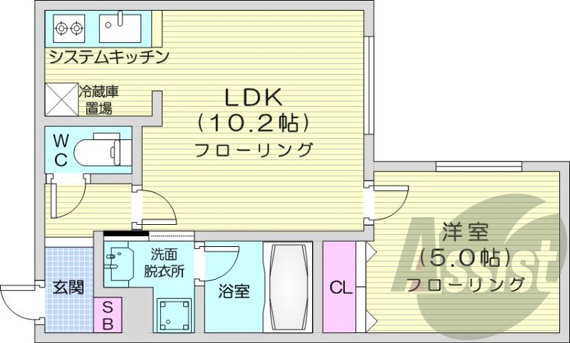 1LDK、エアコン、システムキッチン、独立洗面台