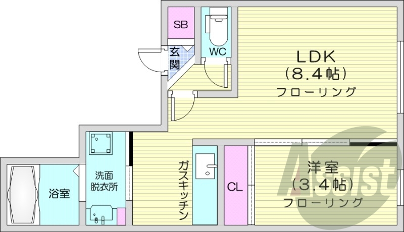 1LDK、エアコン、オートロック、独立洗面台