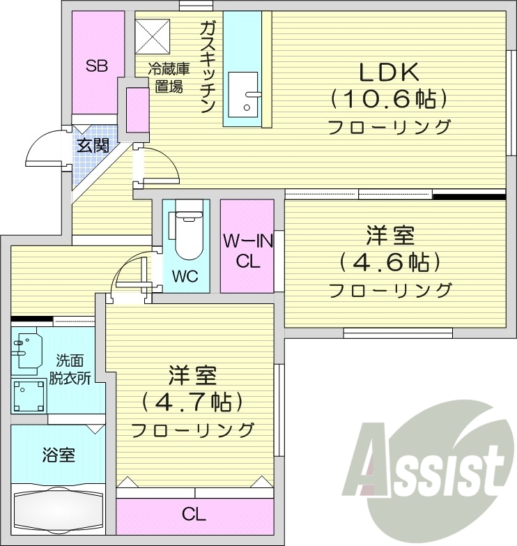 2LDK、エアコン、オートロック、独立洗面台
