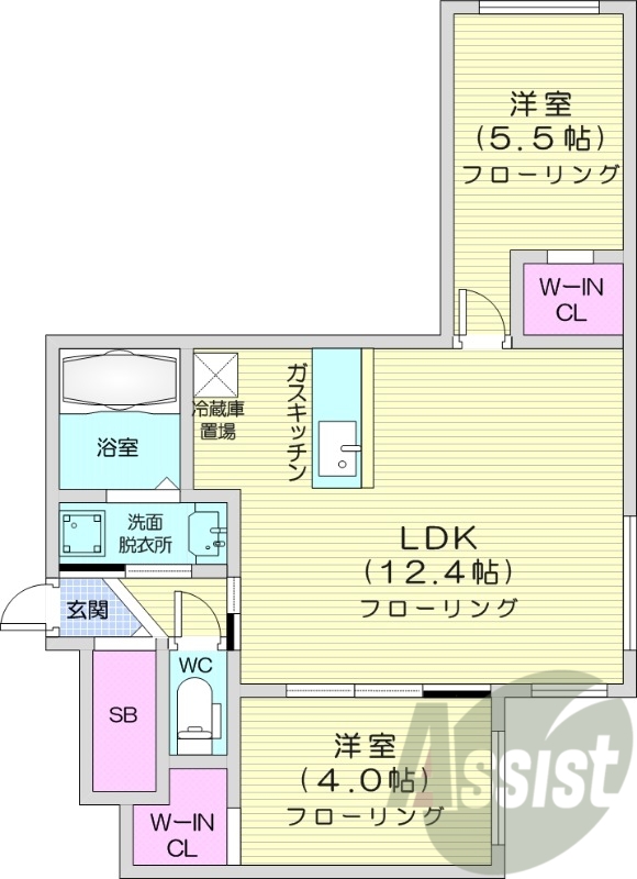 2LDK、エアコン、オートロック、独立洗面台