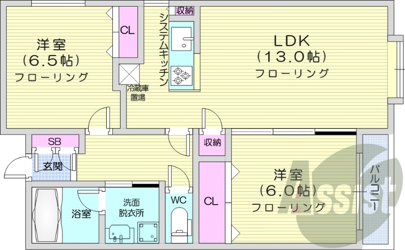 2LDK、エアコン、システムキッチン、独立洗面台、ネット無料