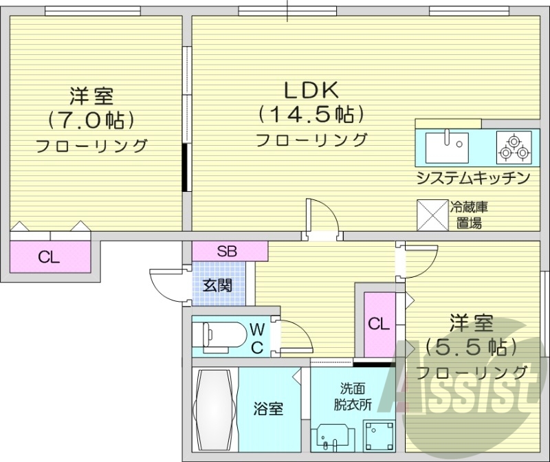 2LDK、エアコン、システムキッチン、独立洗面台、ネット無料