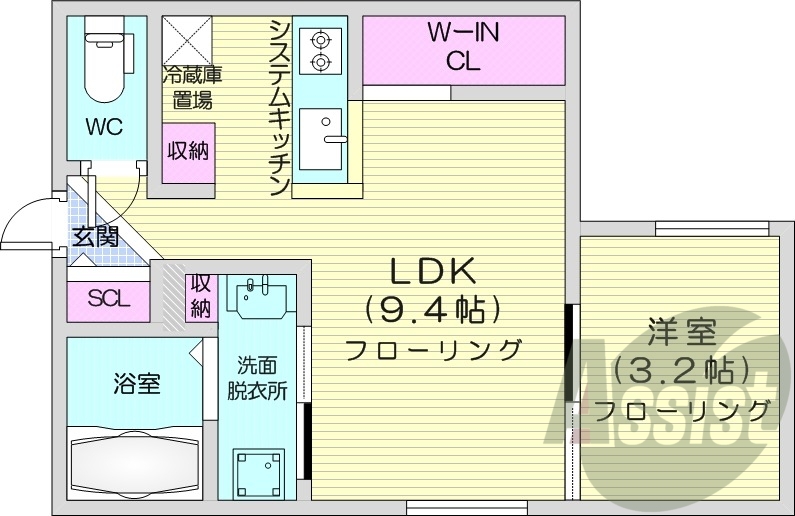 1LDK、エアコン、システムキッチン、独立洗面台