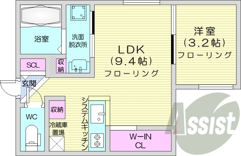 1LDK、エアコン、システムキッチン、独立洗面台
