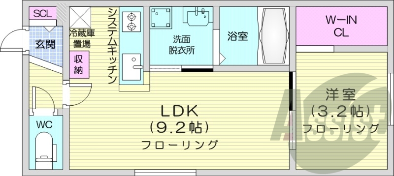 1LDK、エアコン、システムキッチン、独立洗面台