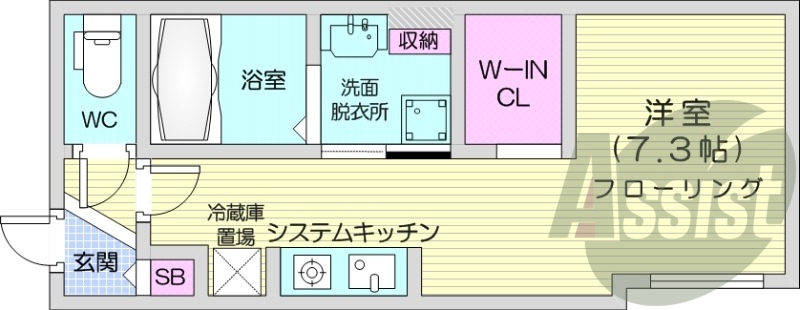 1K、エアコン、システムキッチン、独立洗面台