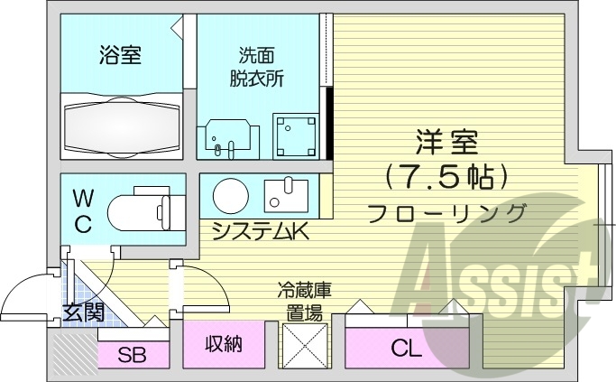 1K、エアコン、システムキッチン、独立洗面台