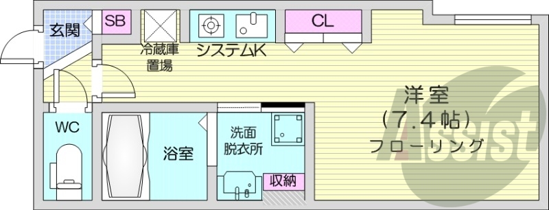 1K、エアコン、システムキッチン、独立洗面台