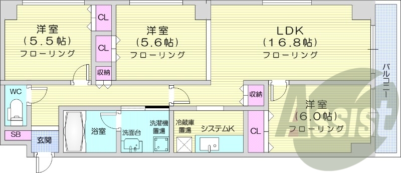 3LDK、オートロック、モニターホン、システムキッチン
