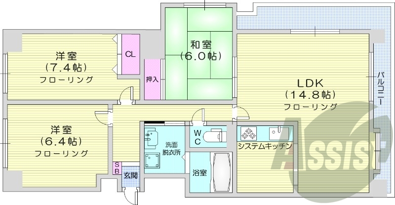 3LDK、都市ガス、角部屋、トランクルーム