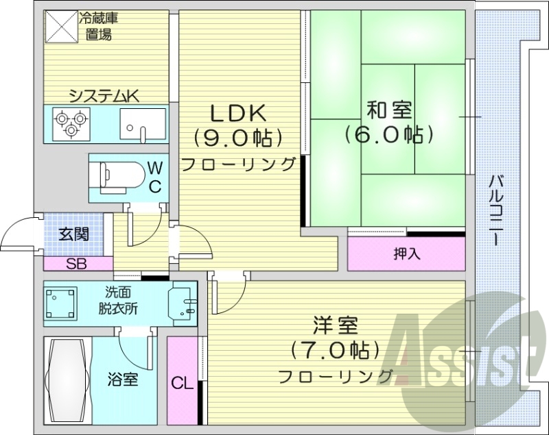 2LDK、都市ガス、システムキッチン、オートロック