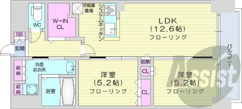 2LDK、エアコン、都市ガス、システムキッチン