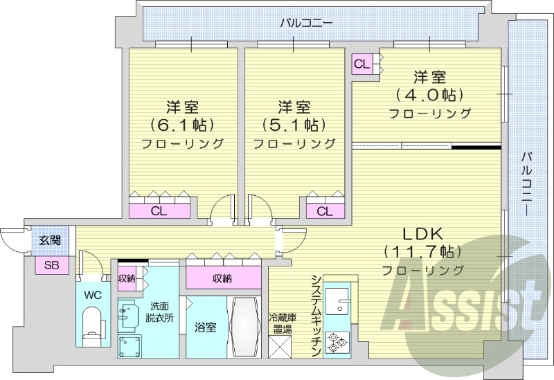 3LDK、エアコン、都市ガス、システムキッチン