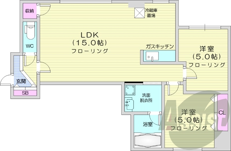 2LDK、エアコン、独立洗面台、ネット無料