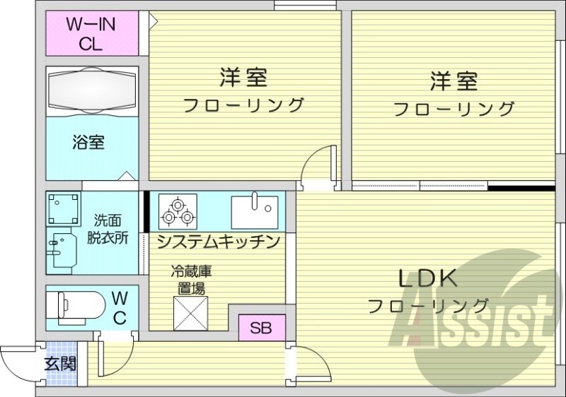 2LDK、エアコン、都市ガス、システムキッチン