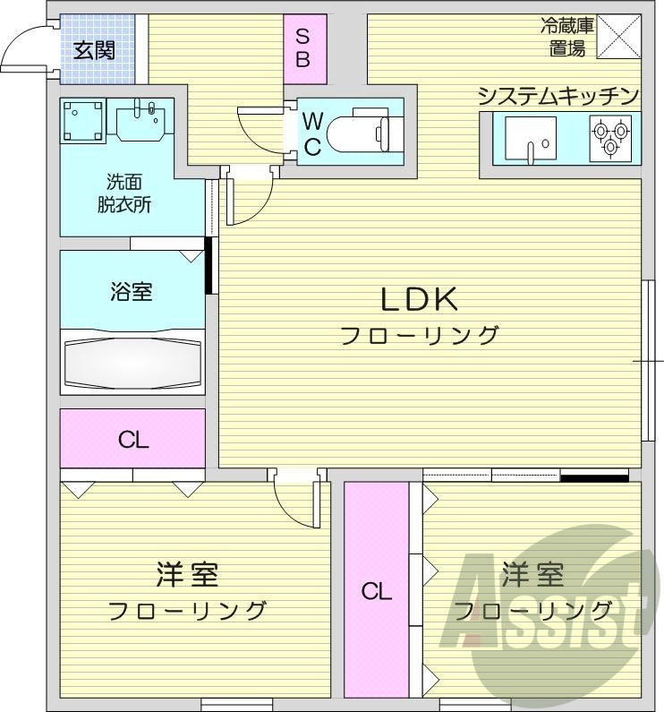 2LDK、エアコン、都市ガス、システムキッチン