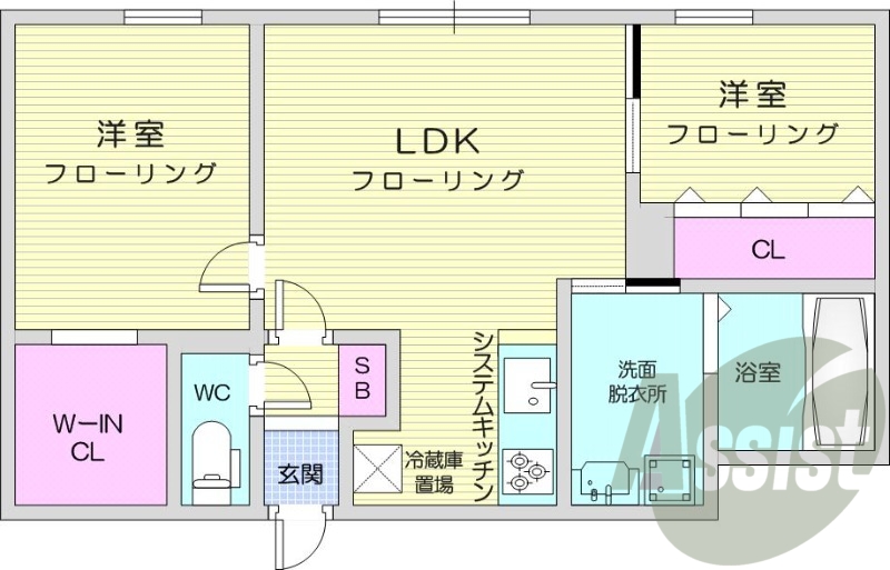 2LDK、エアコン、都市ガス、システムキッチン