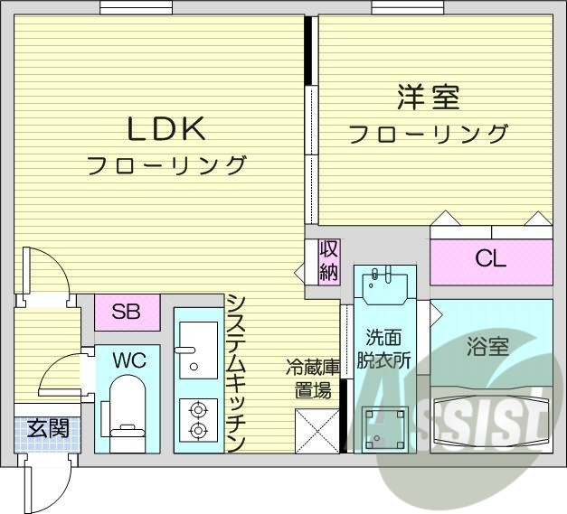 1LDK、エアコン、都市ガス、システムキッチン