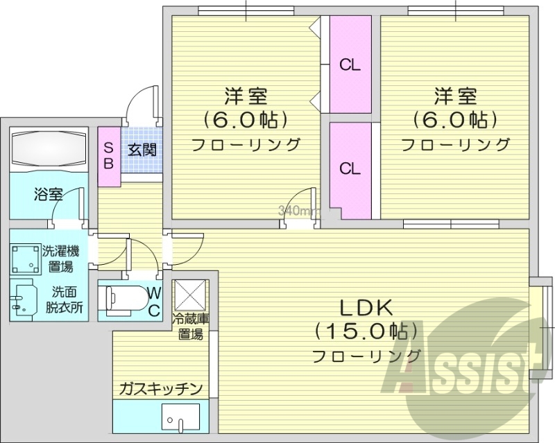 2LDK、エアコン、洗髪洗面化粧台、灯油暖房
