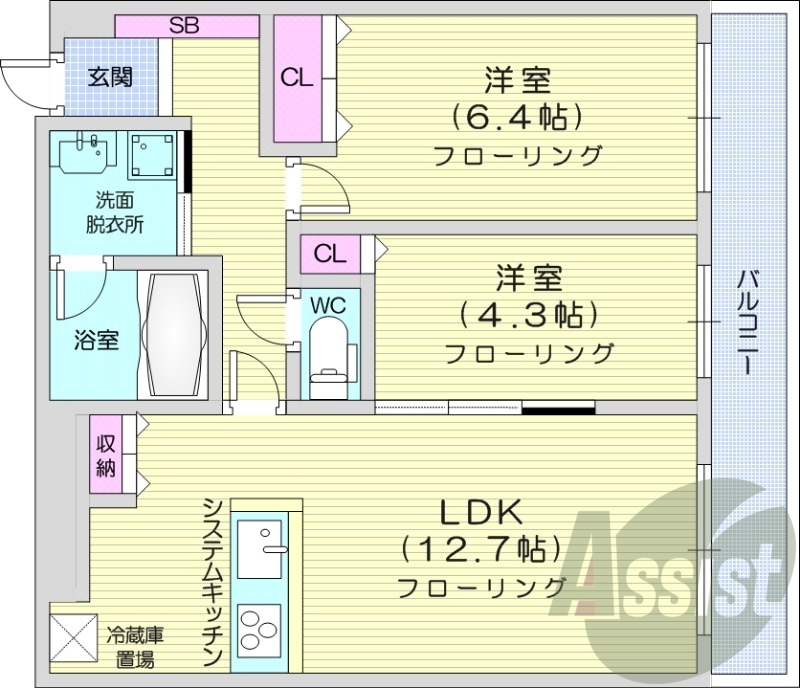 2LDK、エアコン、浴室乾燥機、都市ガス、システムキッチン