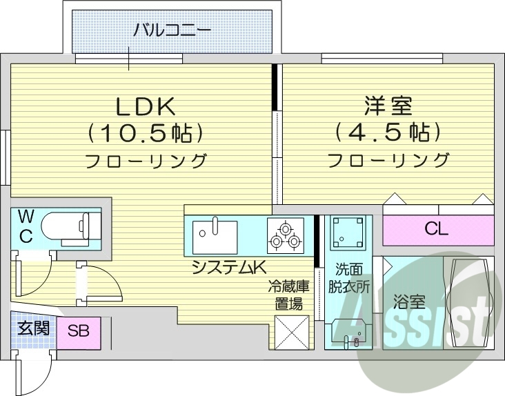 1LDK、エアコン、都市ガス、システムキッチン