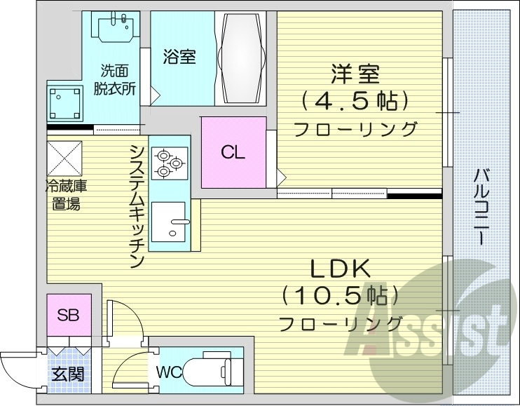 1LDK、エアコン、都市ガス、システムキッチン