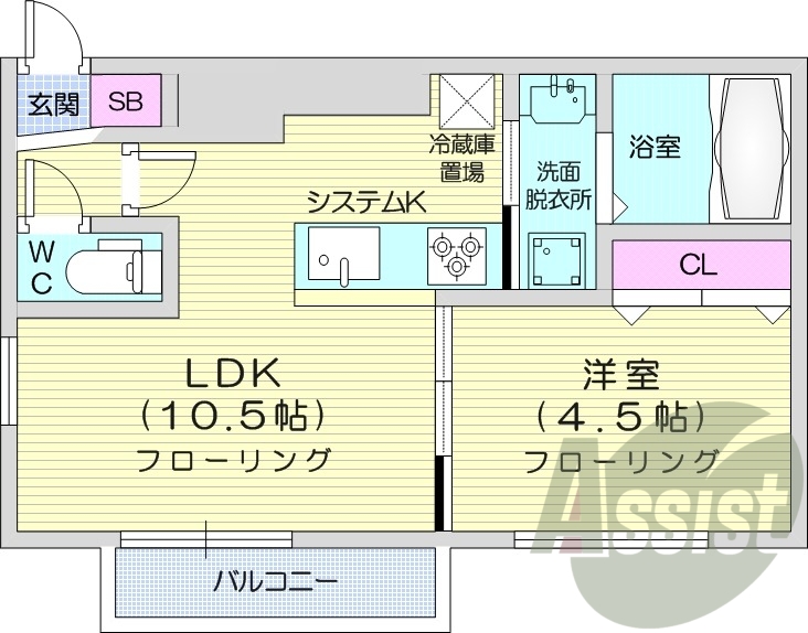 1LDK、エアコン、都市ガス、システムキッチン