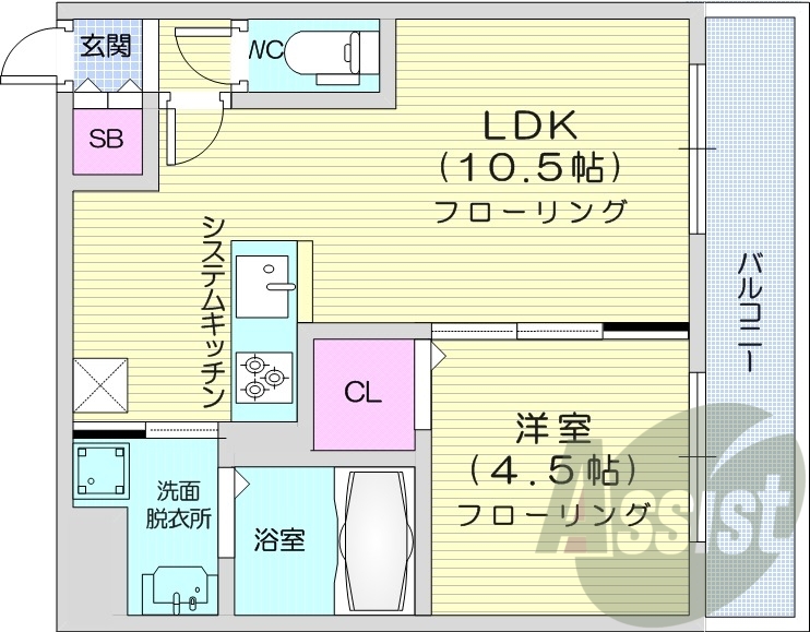 1LDK、エアコン、都市ガス、システムキッチン