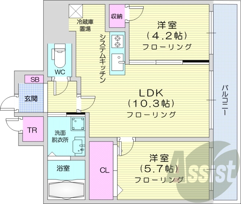 2LDK、都市ガス、エアコン、トランクルーム、独立洗面台