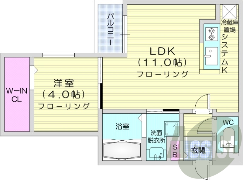 1LDK、都市ガス、エアコン、システムキッチン、浴室乾燥機