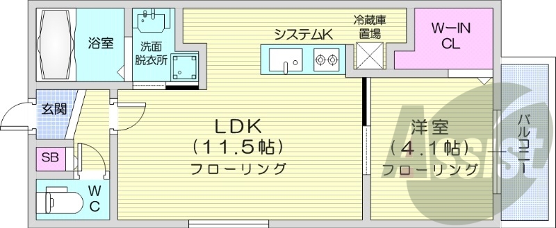 1LDK、都市ガス、エアコン、システムキッチン、浴室乾燥機