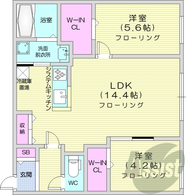 2LDK、都市ガス、エアコン、システムキッチン、浴室乾燥機