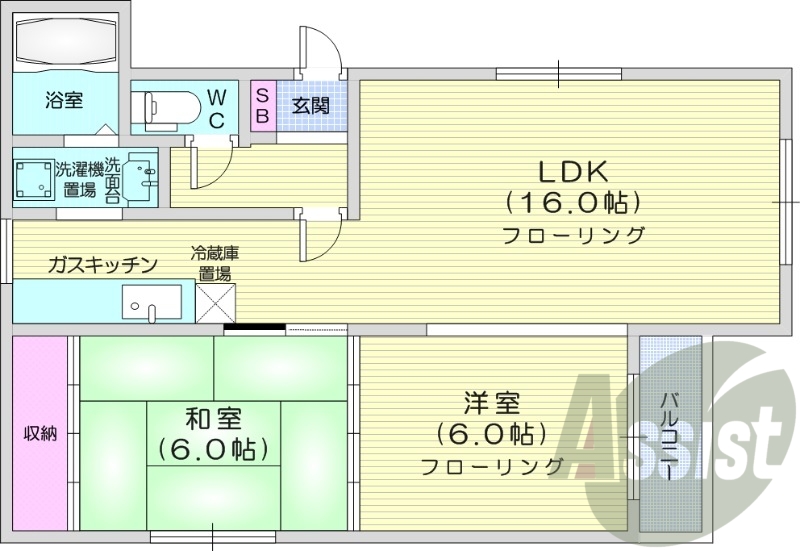 2LDK、独立洗面台、灯油暖房、バストイレ別