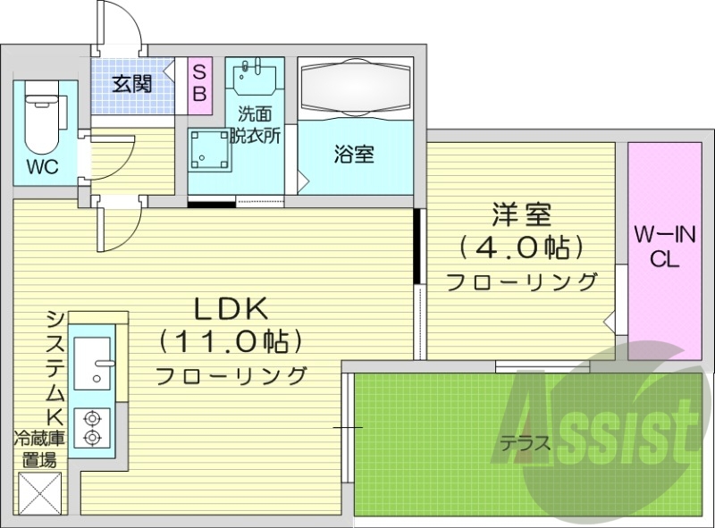 1LDK、都市ガス、エアコン、システムキッチン、浴室乾燥機