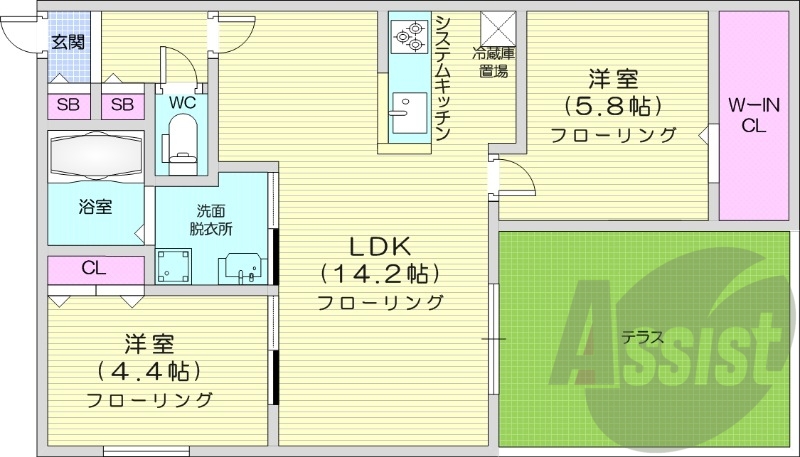 2LDK、都市ガス、エアコン、システムキッチン、浴室乾燥機