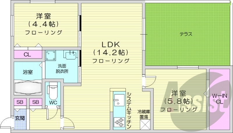 2LDK、都市ガス、エアコン、システムキッチン、浴室乾燥機