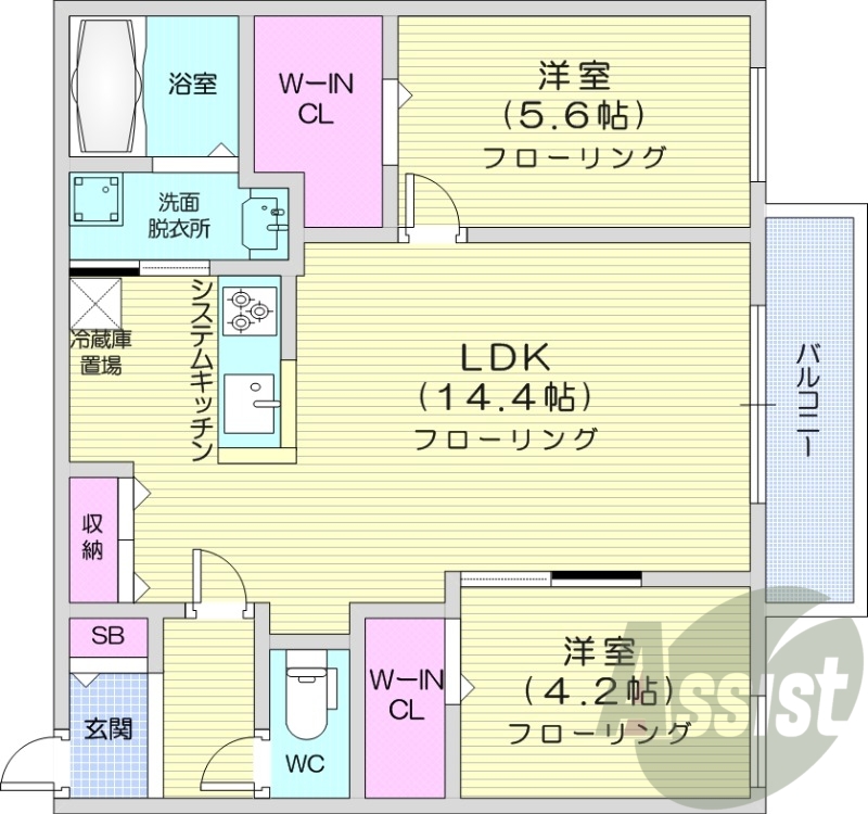 2LDK、都市ガス、エアコン、システムキッチン、浴室乾燥機