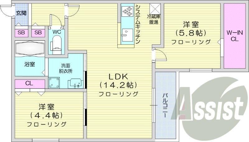 2LDK、都市ガス、エアコン、システムキッチン、浴室乾燥機