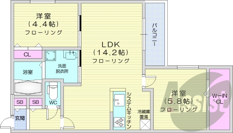 2LDK、都市ガス、エアコン、システムキッチン、浴室乾燥機